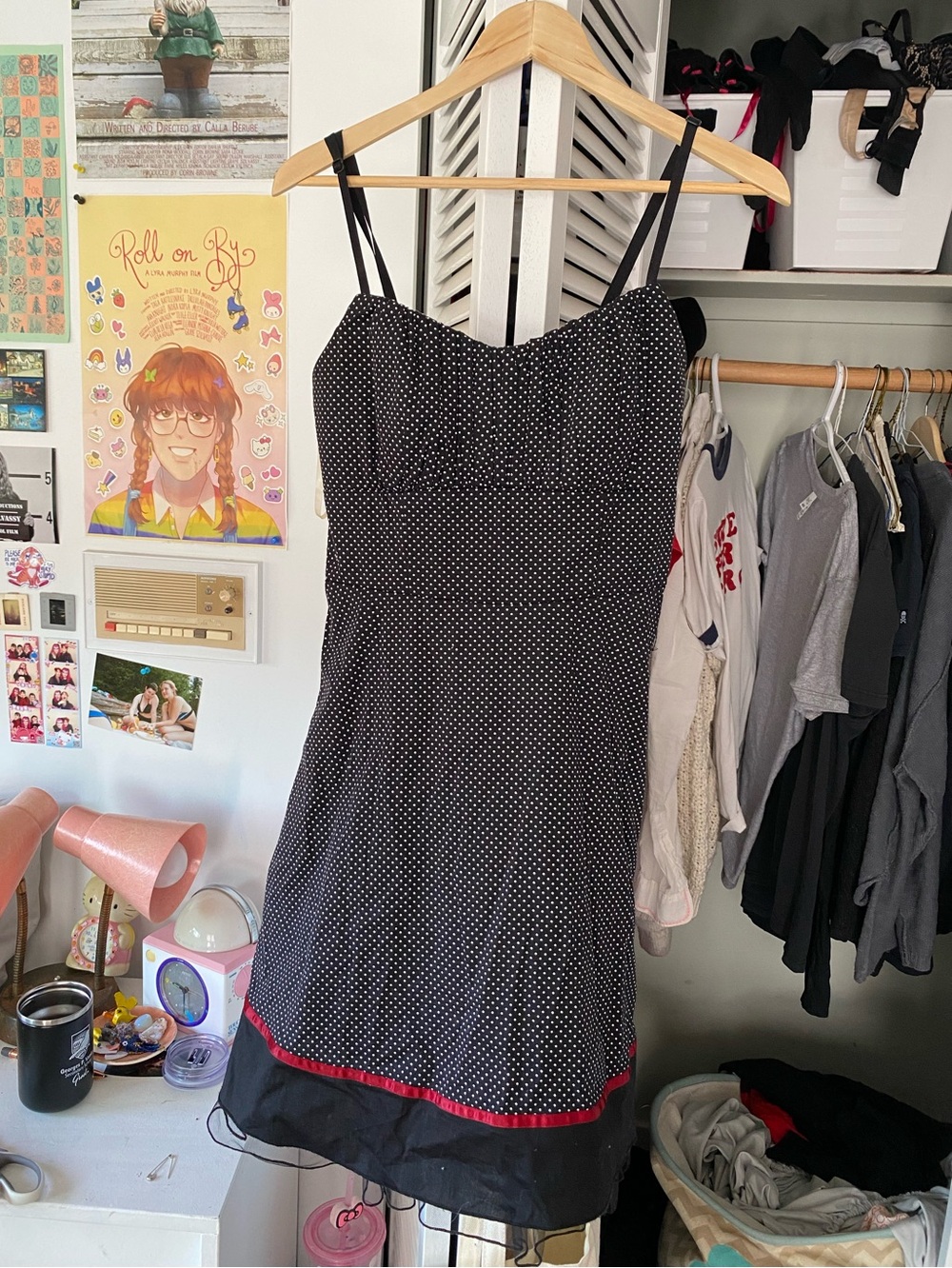 Black Polka Dot Sundress with Red Trim - Women's Dress